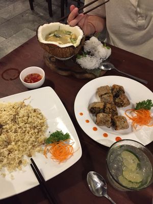 green curry, lemongrass rice and fried spring rolls at ROM Vegetarian Restaurant in Da Nang