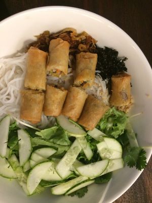 Fresh noodles with spring rolls so good 50k  at ROM Vegetarian Restaurant in Da Nang