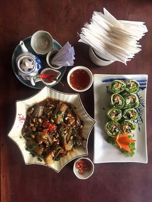 Fried eggplant with Mushrooms sauce and raw Viet rolls  at ROM Vegetarian Restaurant in Da Nang