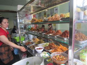 A large selection of fake meats are available as well as many other dishes. at Com Chay Thanh Dam in Da Lat