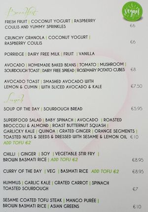 Separate vegan menu at The Bare Food Company in Drogheda
