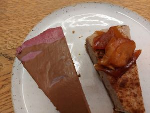 Chocolate and raspberry cake AND apple cake. Both delicious. at Daily Pot in Bergen