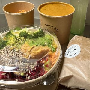 Vegan Bowl, Red Pot (large, toppings on the side), and a side of Bread  at Daily Pot in Bergen