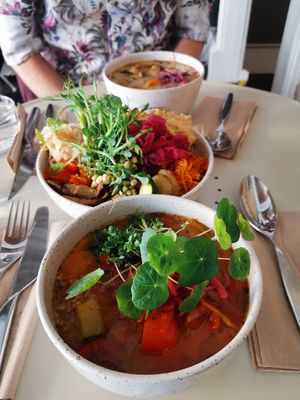 Two vegan soups and a vegan salad at Daily Pot in Bergen