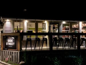 Front right side outdoor seating at Side Street Cafe a.k.a. The Annex in Bar Harbor