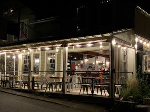 Front left outdoor dog friendly seating  at Side Street Cafe a.k.a. The Annex in Bar Harbor