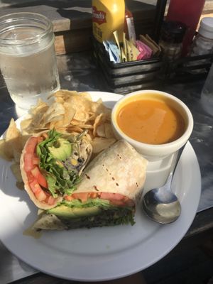 Black bean wrap without mayo and upgrade to vegan sweet potato soup at Side Street Cafe a.k.a. The Annex in Bar Harbor