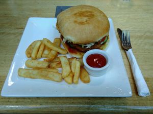 Chick'n burger w/ fries & ketchup for $18 at Watson's Eatery in Dunedin
