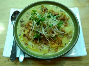 Malaysian laksa w/ fried tofu, bean sprouts & rice noodles in mildly spicy coconut broth for $19 at Watson's Eatery in Dunedin