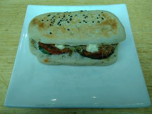 Crumbed eggplant sandwich for $7 at Watson's Eatery in Dunedin