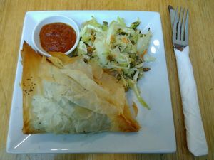 Curried potato filo w/ dip & salad for $10.50 at Watson's Eatery in Dunedin