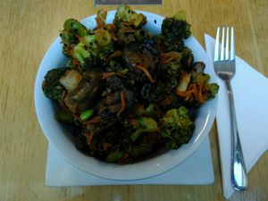 Large bowl of broccoli & mushroom Asian salad for $9 at Watson's Eatery in Dunedin
