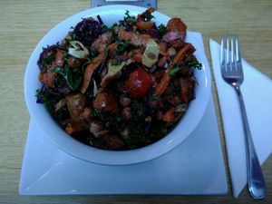 Large bowl of Moroccan chickpea & kale salad w/ pumpkin & sweet date dressing for $9 at Watson's Eatery in Dunedin