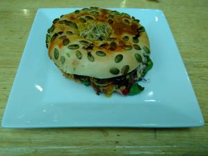 'Bubble & squeak' bagel for $7.50 at Watson's Eatery in Dunedin