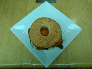 Toasted breakfast bagel for $7.50 at Watson's Eatery in Dunedin
