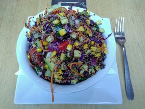 Large bowl of Mexican black bean salad for $9 at Watson's Eatery in Dunedin