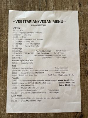 Vegan/Vegetarian menu  at Mudan Tearoom and Eatery in Tauranga