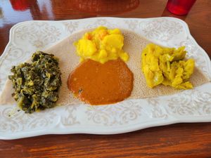 Collard greens, potatoes, cabbage and chickpeas at Amy's Ethiopian in Nashville
