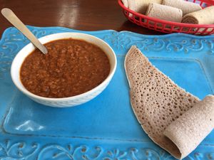 Red lentil stew with injera bread  at Amy's Ethiopian in Nashville