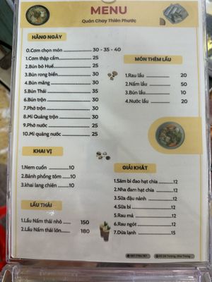 Menu  at Thien Phuoc in Nha Trang