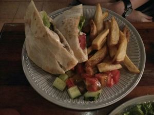 Vegan falafel pitta plus chips at Salvador's in Kunming