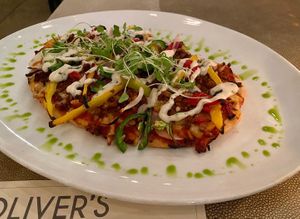 Italian sausage peppedew flatbread  at Oliver's in Santa Barbara