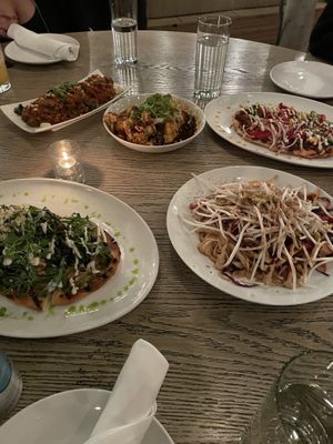 from back to front (left to right): raviolis, kung pao cauliflower, faux meet flatbread, pear & gorgonzola flatbread 😩, and the pad thai  at Oliver's in Santa Barbara