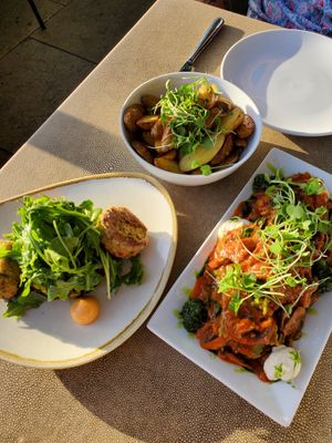 "Crab" Cakes (gf), Fingerling Potatoes(gf), Mushroom Ravioli at Oliver's in Santa Barbara