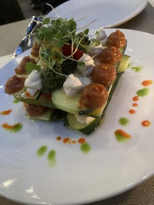 Zucchini and tomato tower  at Oliver's in Santa Barbara