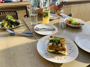 Apple salad, zucchini tower at Oliver's in Santa Barbara