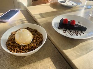 Apple crumble (amazing coconut ice cream), dark chocolate tart at Oliver's in Santa Barbara