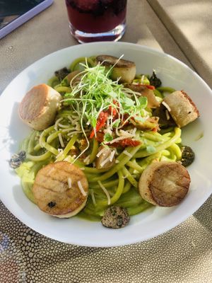 “Scallop” bucatini with oyster mushroom stems at Oliver's in Santa Barbara