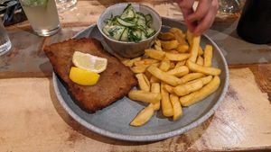 Schnitzel was meh, cucumber salad was nice at Weingut Trautwein - Restaurant & Hotel in Flonheim