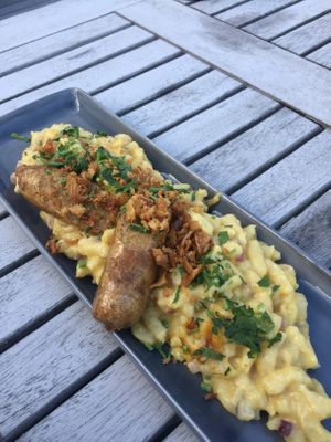 „Käsespätzle“ and Beyond meat sausage  at Weingut Trautwein - Restaurant & Hotel in Flonheim