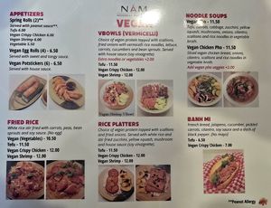 Vegan Menu at NAM Noodles and More  in Pasadena