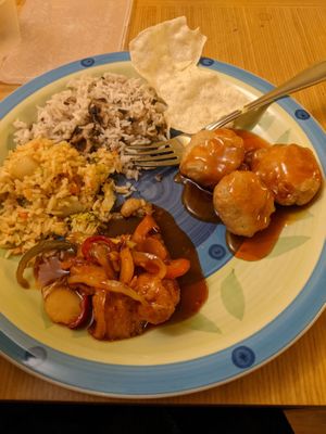 samples from our dinner takeaway order: Vegan Mock Chicken Balls, Kung-Po Mock Chicken, Mushroom Fried Rice, Thai Fried Rice - free crackers at Oriental Aroma in Royal Wootton Bassett
