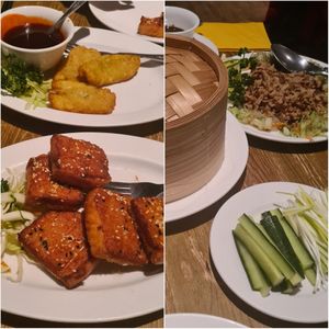 Left top: 'ribs'; left bottom: prawn toast; right: crispy duck with perimeter of veg at Oriental Aroma in Royal Wootton Bassett