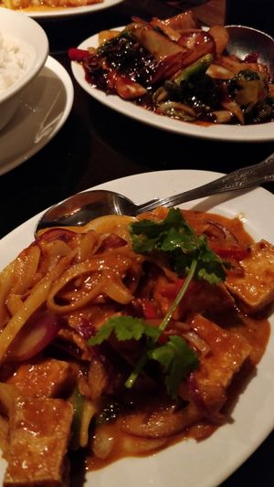 tofu satay, black bean vegetables and boiled rice at Oriental Aroma in Royal Wootton Bassett