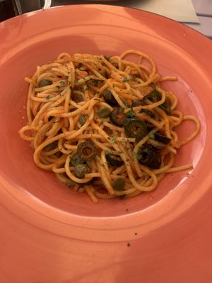 Spicy Tomato spaghetti with capers and olives (ask without anchovies) at Mex Cantina Bona Fide in Dubrovnik