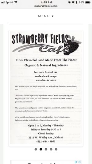 Menu at Strawberry Fields Cafe in Midland