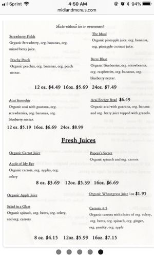 Smoothies, açaí bowl,  and juice menu. at Strawberry Fields Cafe in Midland