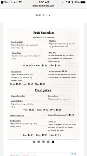 Menu  at Strawberry Fields Cafe in Midland