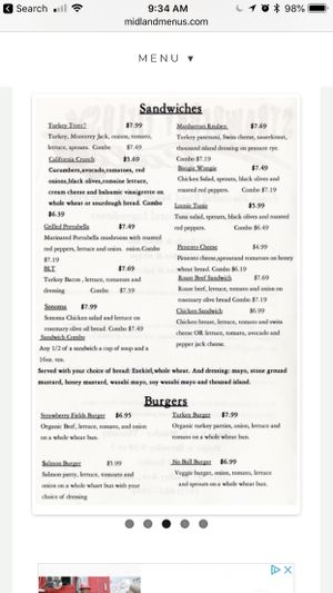 Menu at Strawberry Fields Cafe in Midland