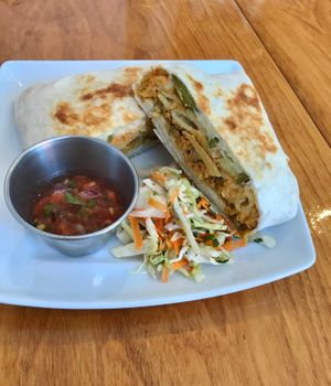 Mac and cheeze stuffed tortuga with lentil “beef” at Two Dollar Radio Headquarters in Columbus