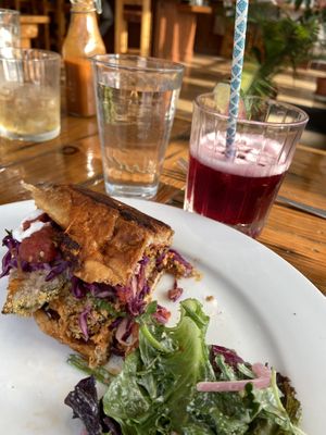 Pambazo sandwich - it’s not too spicy despite being dipped in hot sauce and baked - and the This Dress Has Pockets in it Cocktail    at Two Dollar Radio Headquarters in Columbus