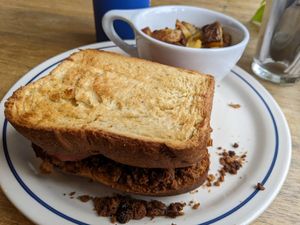 Walnut Chorizo Grilled Cheeze at Two Dollar Radio Headquarters in Columbus