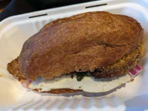 Eggplant parmigiana hoagie at Two Dollar Radio Headquarters in Columbus