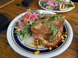 Elote grilled cheese at Two Dollar Radio Headquarters in Columbus