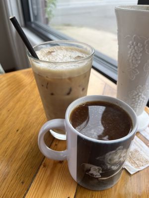 Iced Rose Latte and Drip coffee both with soy milkk  at Two Dollar Radio Headquarters in Columbus