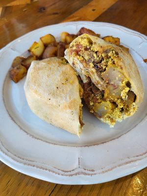 Vegan Meat-Lovers Breakfast Burrito at Two Dollar Radio Headquarters in Columbus